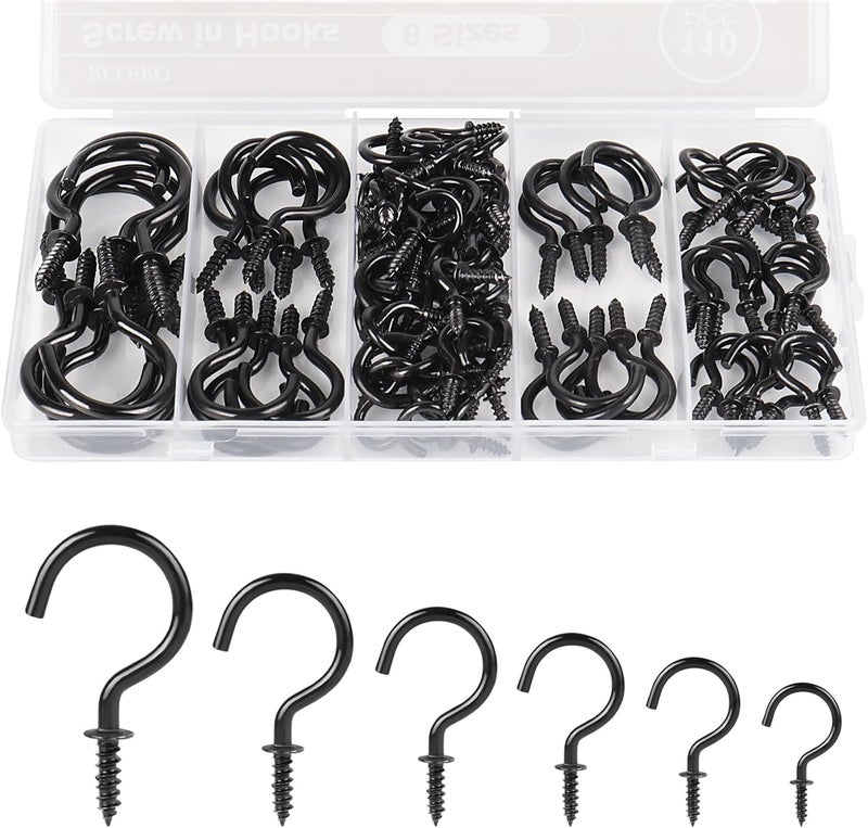RELBRO Screw Hooks, 6 Sizes Metal Screw in Cup Hooks, 1/2 Inch, 5/8 Inch, 3/4 Inch, 7/8 Inch, 1 Inch, 1-1/4 Inch, Black, 110 Pcs - Image 1
